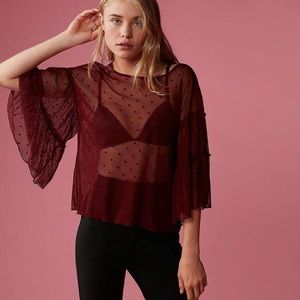 EXPRESS burgundy polka dot sheer ruffle sleeve top